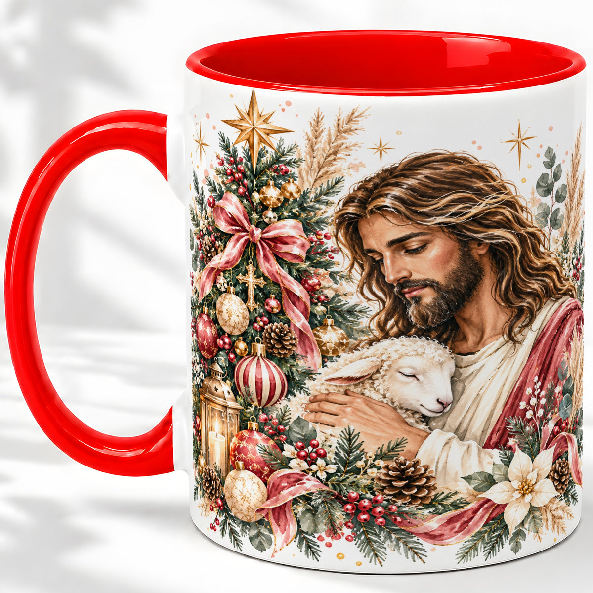 Jesus Good Shepherd Accent Mug, Ceramic Cup with Christmas Lamb