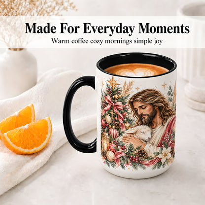 #pl[15oz|Black] Jesus Good Shepherd Accent Mug, Ceramic Cup with Christmas Lamb