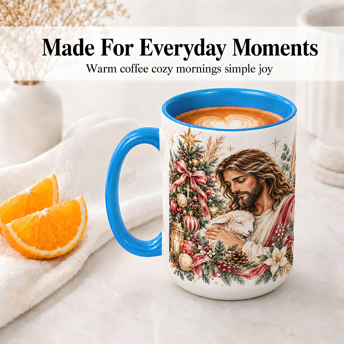 #pl[15oz|Blue] Jesus Good Shepherd Accent Mug, Ceramic Cup with Christmas Lamb