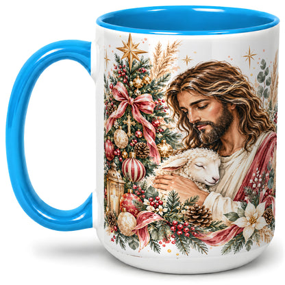 #pl[15oz|Blue] Jesus Good Shepherd Accent Mug, Ceramic Cup with Christmas Lamb