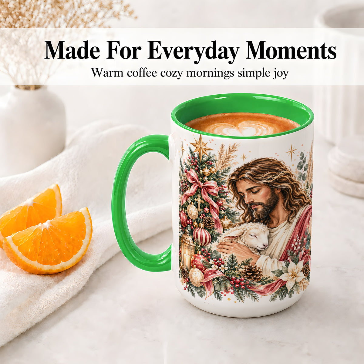 #pl[15oz|Green] Jesus Good Shepherd Accent Mug, Ceramic Cup with Christmas Lamb