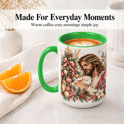 #pl[15oz|Green] Jesus Good Shepherd Accent Mug, Ceramic Cup with Christmas Lamb