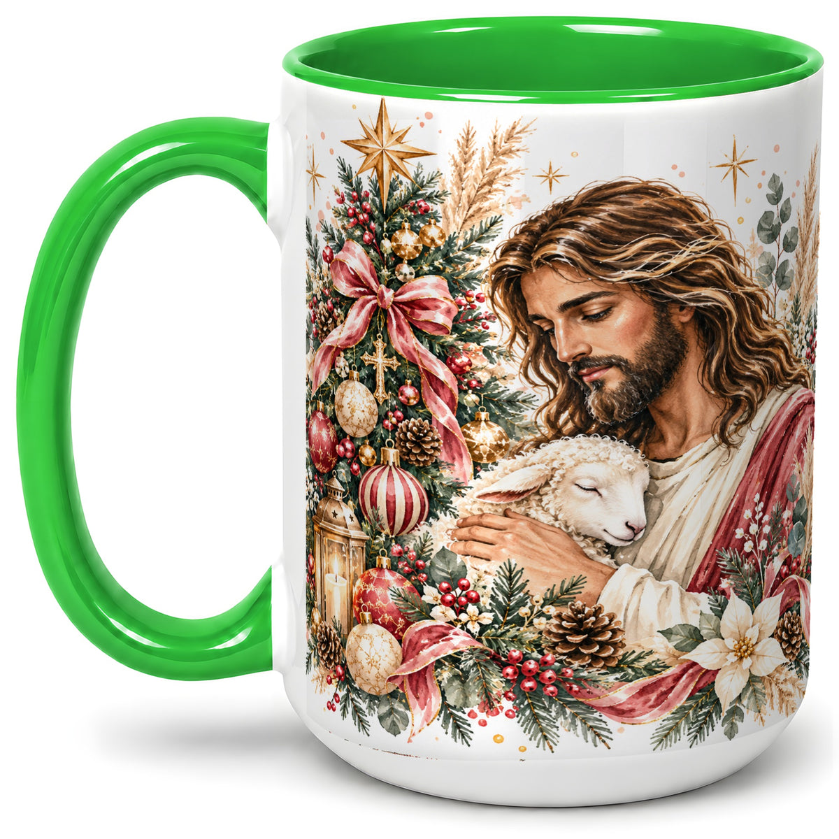 #pl[15oz|Green] Jesus Good Shepherd Accent Mug, Ceramic Cup with Christmas Lamb