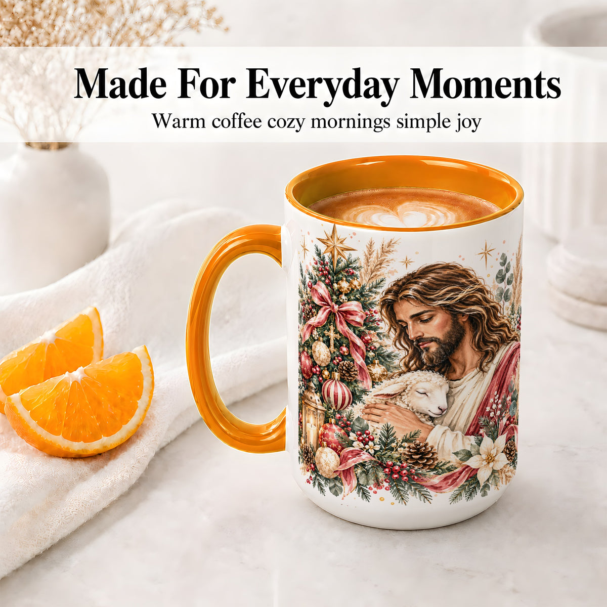 #pl[15oz|Orange] Jesus Good Shepherd Accent Mug, Ceramic Cup with Christmas Lamb