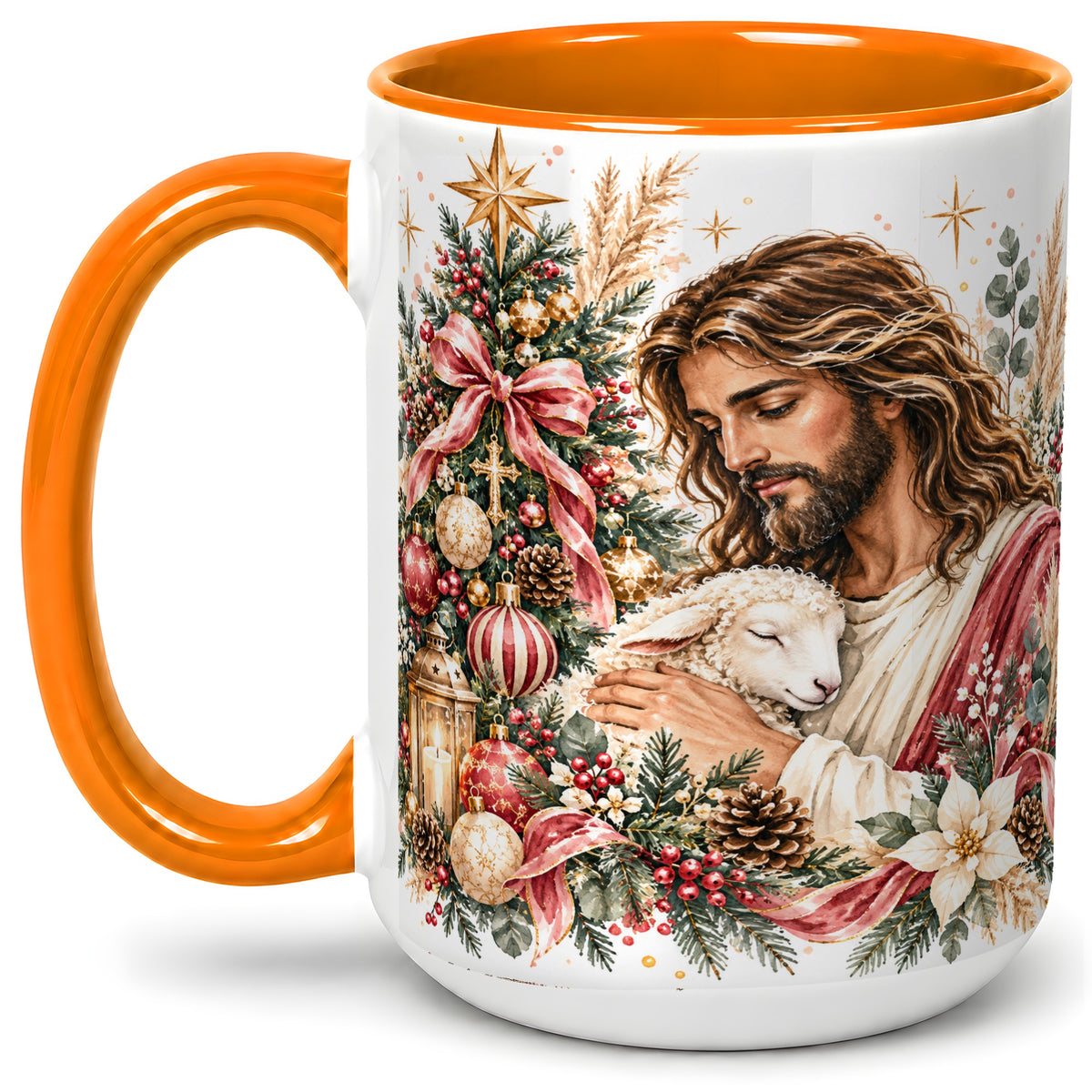 #pl[15oz|Orange] Jesus Good Shepherd Accent Mug, Ceramic Cup with Christmas Lamb