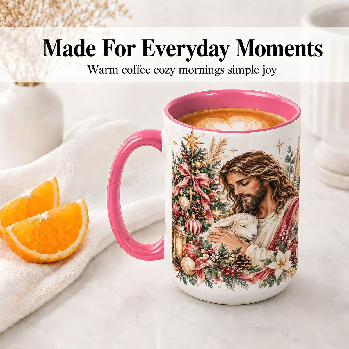 #pl[15oz|Pink] Jesus Good Shepherd Accent Mug, Ceramic Cup with Christmas Lamb