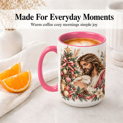 #pl[15oz|Pink] Jesus Good Shepherd Accent Mug, Ceramic Cup with Christmas Lamb
