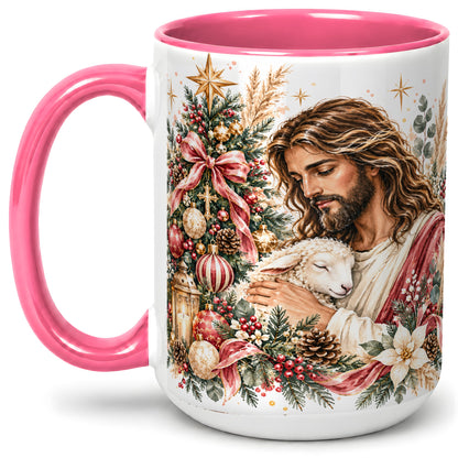 #pl[15oz|Pink] Jesus Good Shepherd Accent Mug, Ceramic Cup with Christmas Lamb