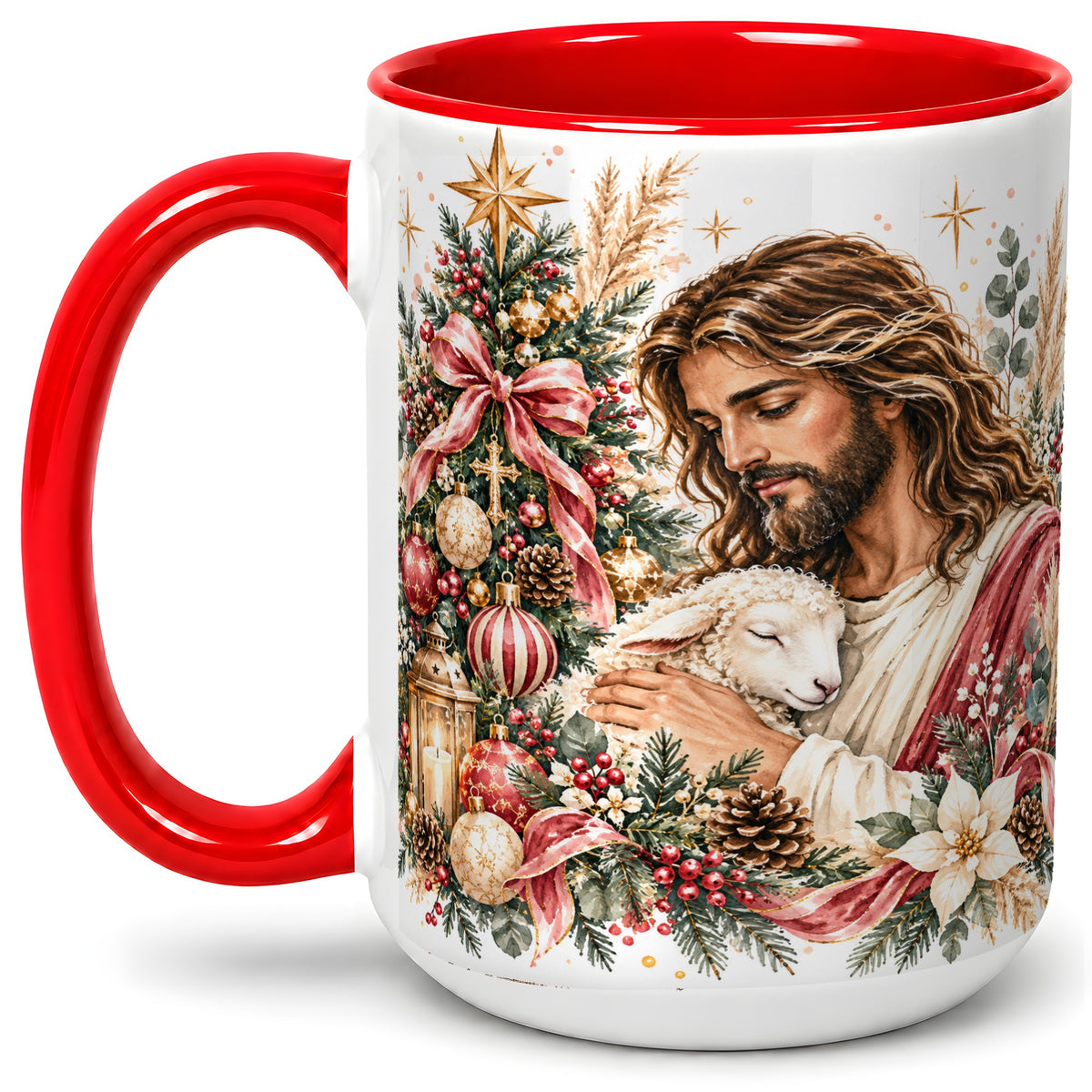 #pl[15oz|Red] Jesus Good Shepherd Accent Mug, Ceramic Cup with Christmas Lamb