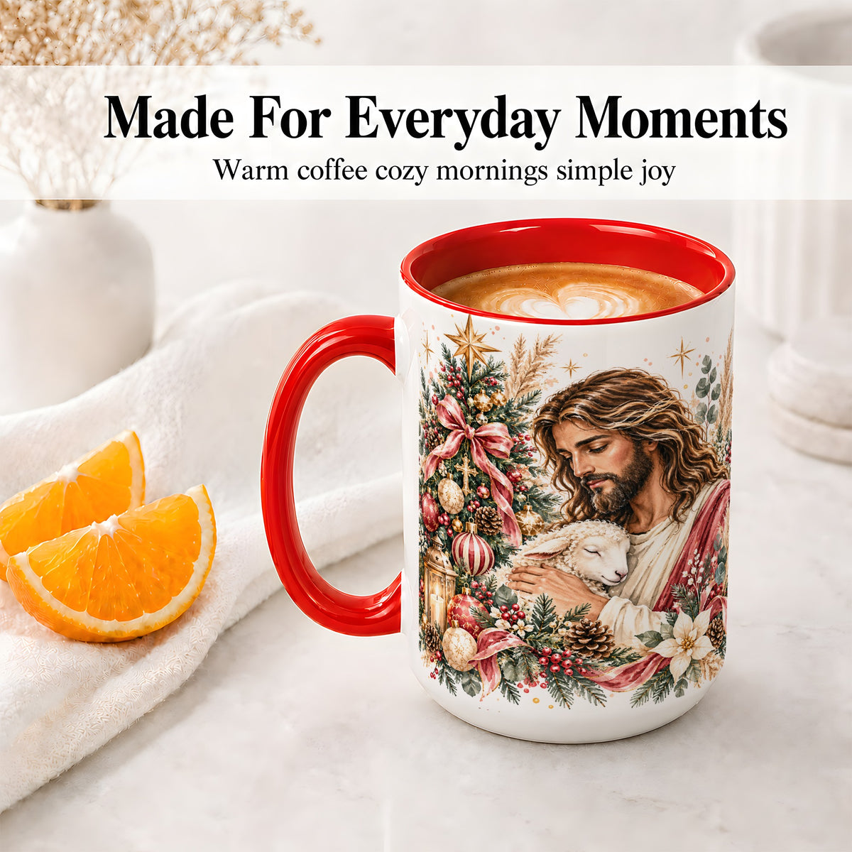 #pl[15oz|Red] Jesus Good Shepherd Accent Mug, Ceramic Cup with Christmas Lamb