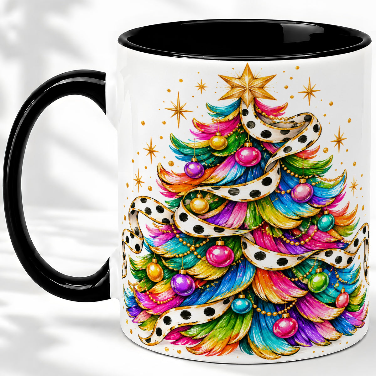 #pl[11oz|Black] Colorful Christmas Tree Accent Mug, Ceramic Cup with Polka Dot Bow