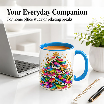 #pl[11oz|Blue] Colorful Christmas Tree Accent Mug, Ceramic Cup with Polka Dot Bow