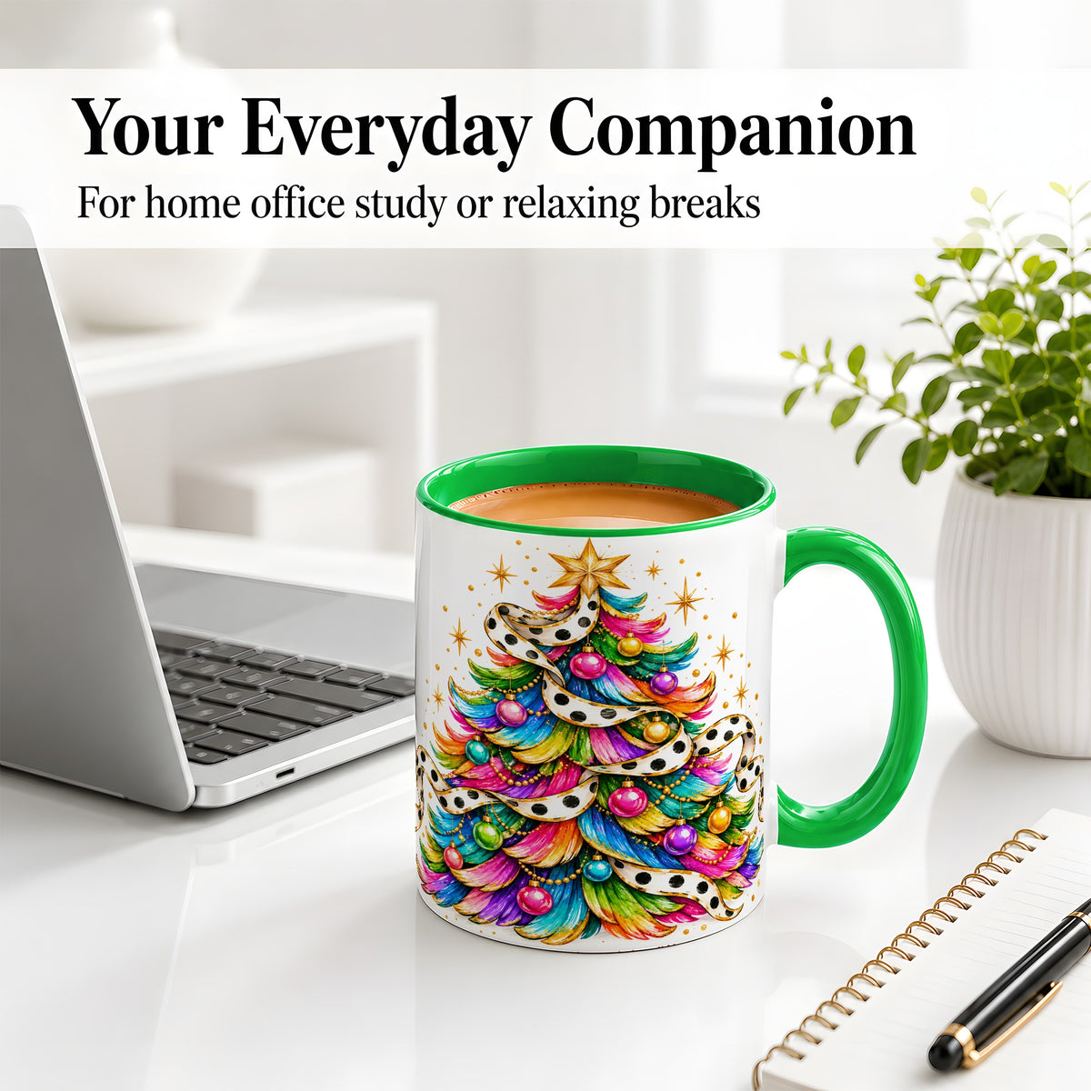 #pl[11oz|Green] Colorful Christmas Tree Accent Mug, Ceramic Cup with Polka Dot Bow