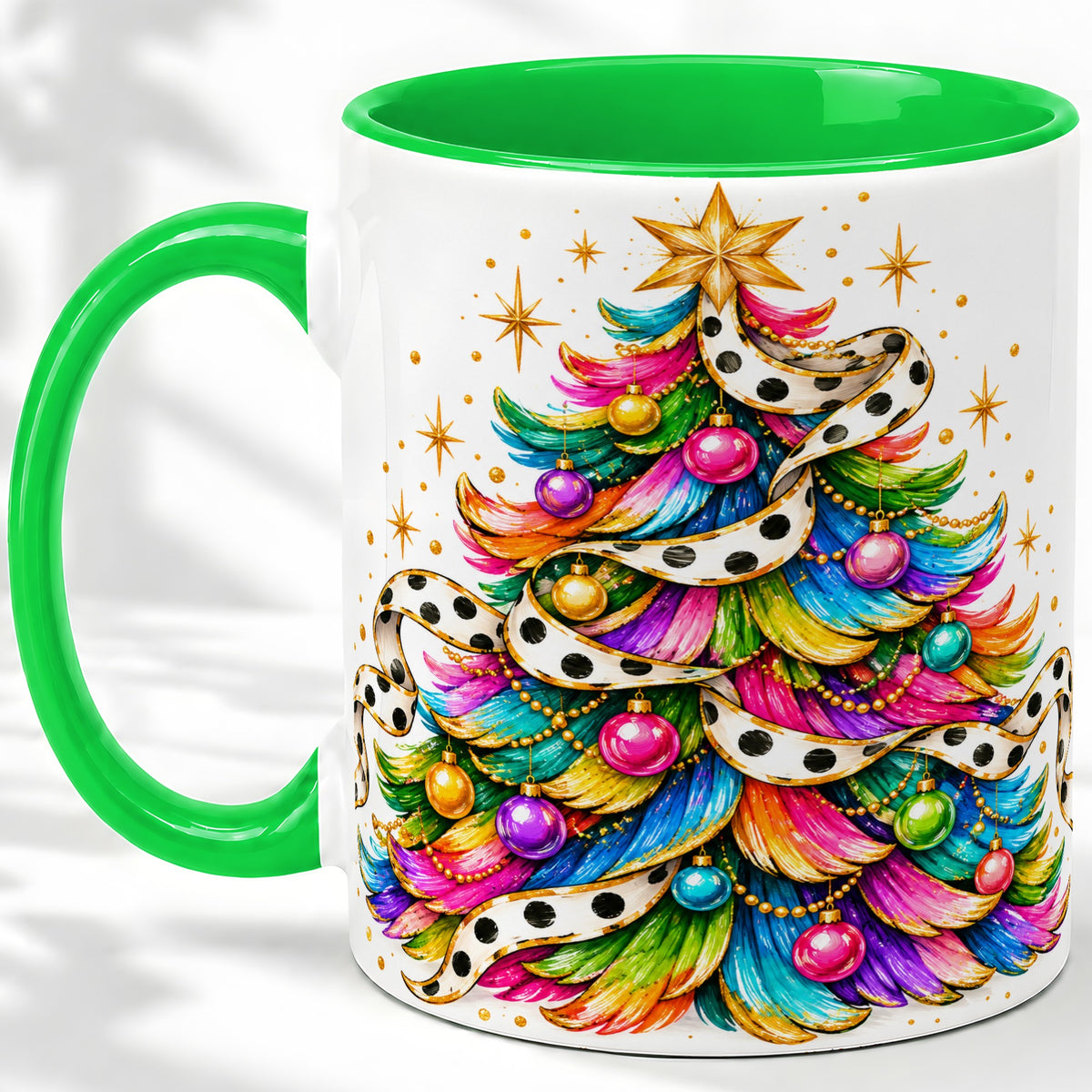 #pl[11oz|Green] Colorful Christmas Tree Accent Mug, Ceramic Cup with Polka Dot Bow
