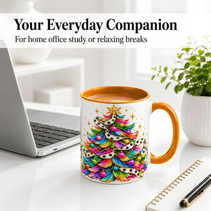#pl[11oz|Orange] Colorful Christmas Tree Accent Mug, Ceramic Cup with Polka Dot Bow