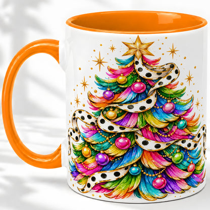 #pl[11oz|Orange] Colorful Christmas Tree Accent Mug, Ceramic Cup with Polka Dot Bow