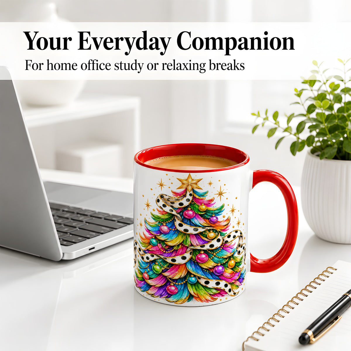 #pl[11oz|Red] Colorful Christmas Tree Accent Mug, Ceramic Cup with Polka Dot Bow