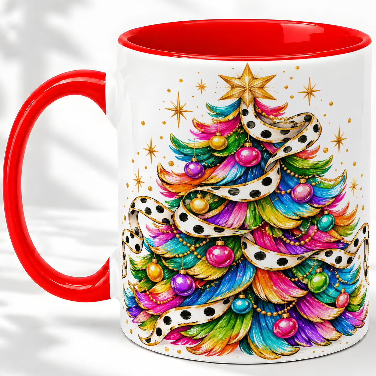 Colorful Christmas Tree Accent Mug, Ceramic Cup with Polka Dot Bow