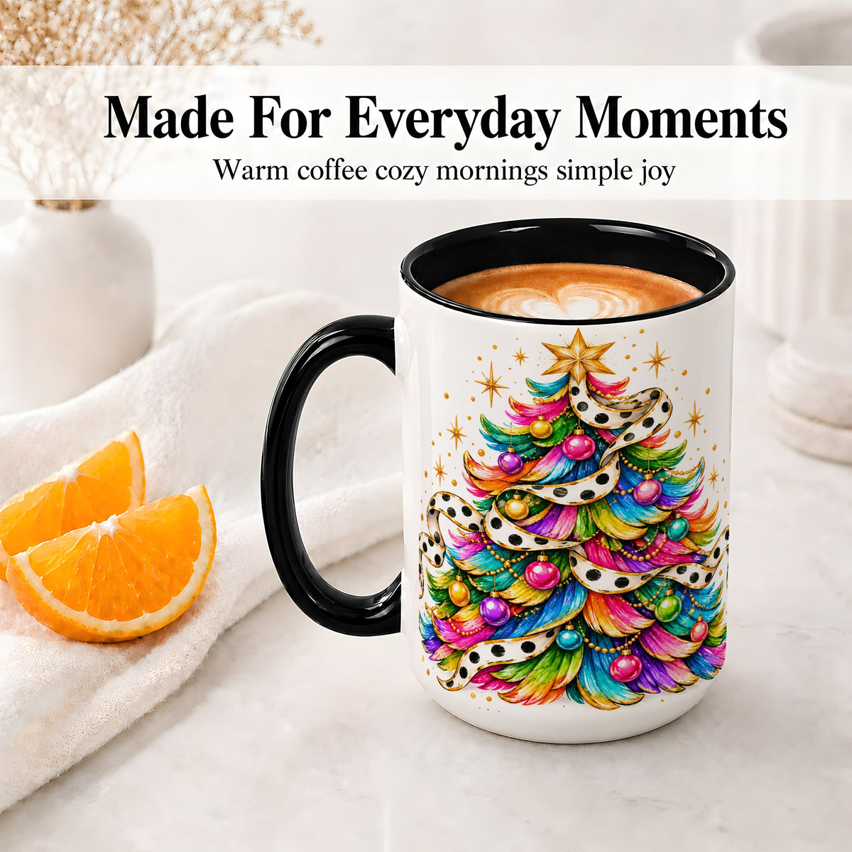 #pl[15oz|Black] Colorful Christmas Tree Accent Mug, Ceramic Cup with Polka Dot Bow