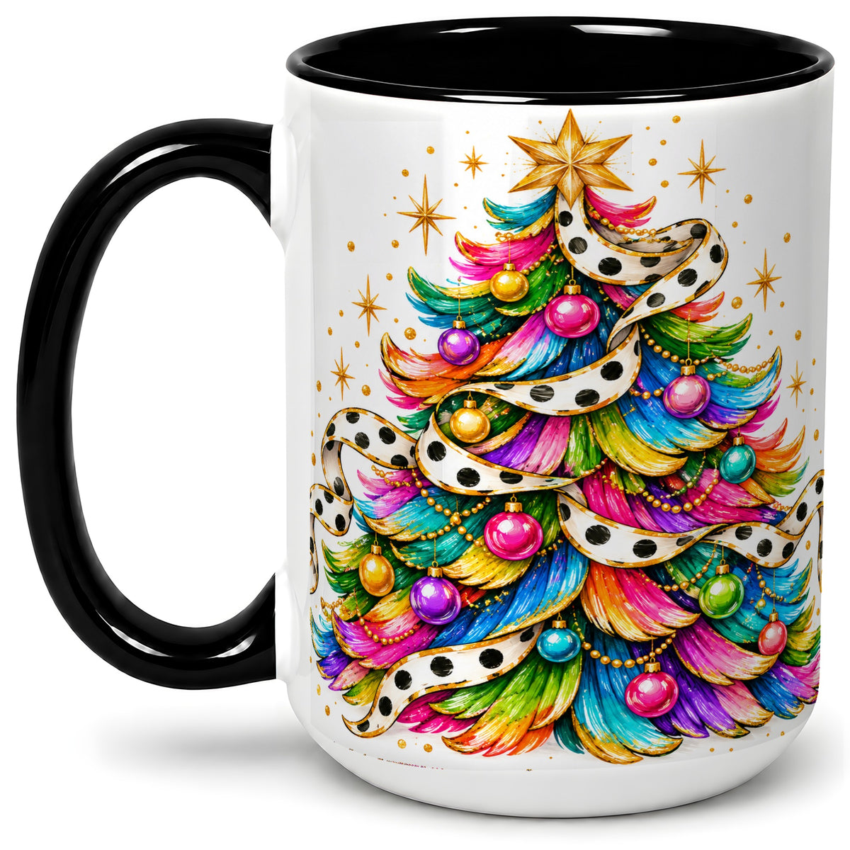 #pl[15oz|Black] Colorful Christmas Tree Accent Mug, Ceramic Cup with Polka Dot Bow