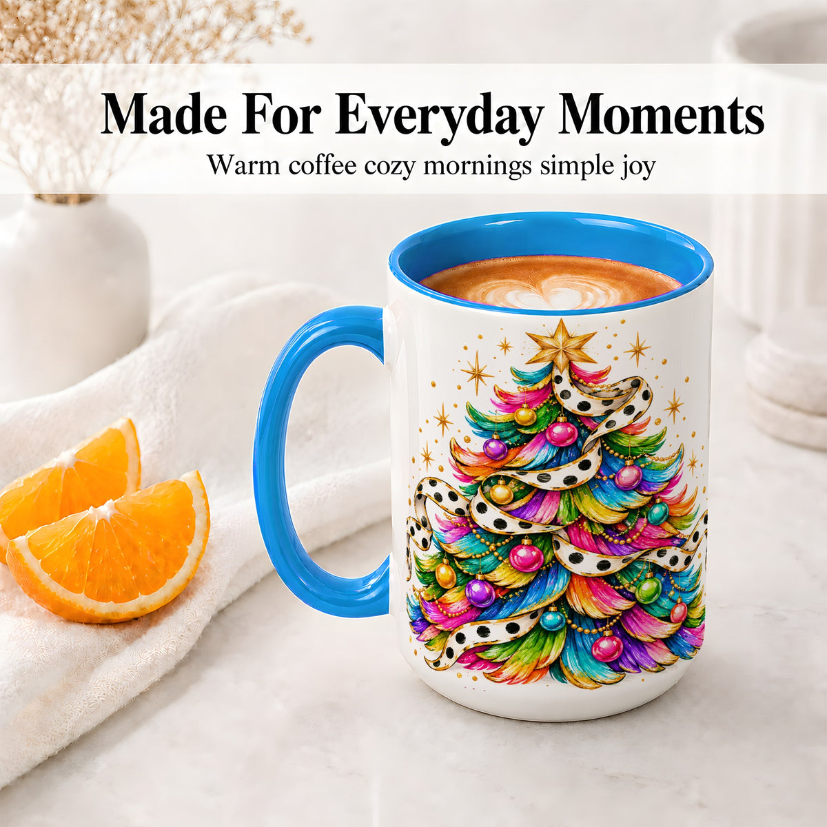 #pl[15oz|Blue] Colorful Christmas Tree Accent Mug, Ceramic Cup with Polka Dot Bow