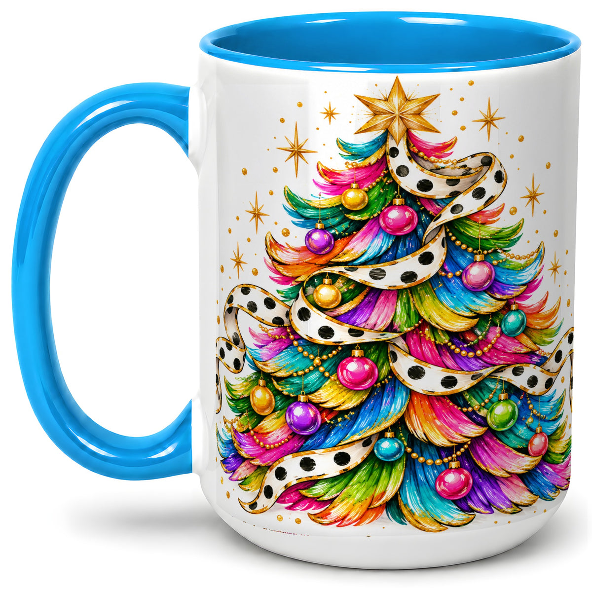 #pl[15oz|Blue] Colorful Christmas Tree Accent Mug, Ceramic Cup with Polka Dot Bow