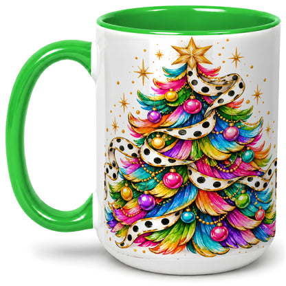 #pl[15oz|Green] Colorful Christmas Tree Accent Mug, Ceramic Cup with Polka Dot Bow