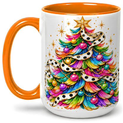 #pl[15oz|Orange] Colorful Christmas Tree Accent Mug, Ceramic Cup with Polka Dot Bow