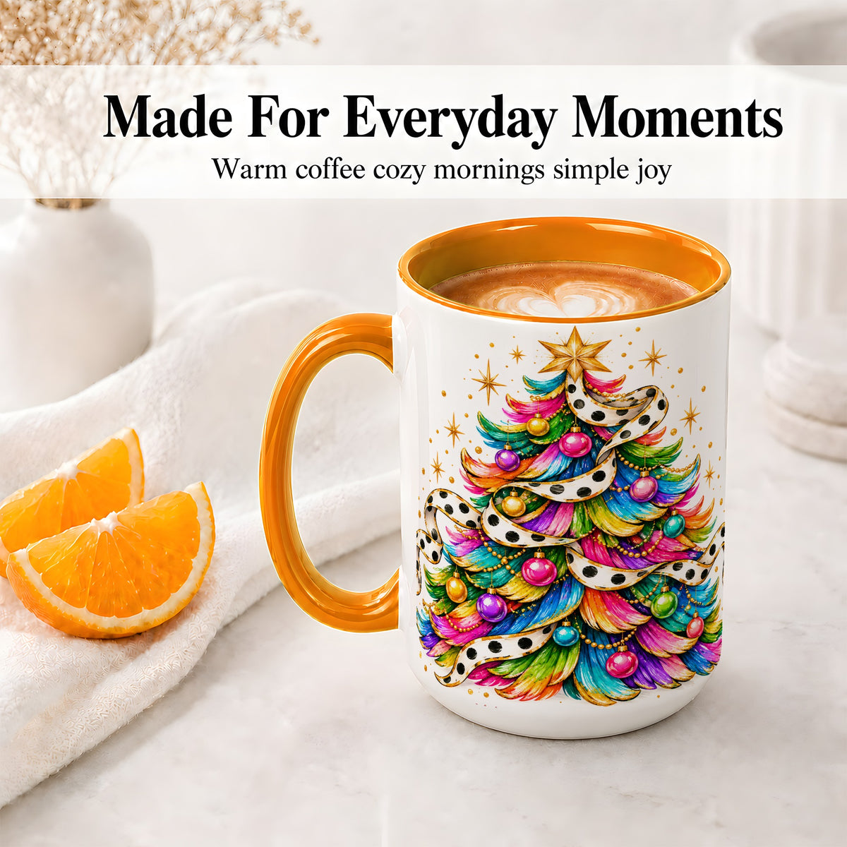 #pl[15oz|Orange] Colorful Christmas Tree Accent Mug, Ceramic Cup with Polka Dot Bow