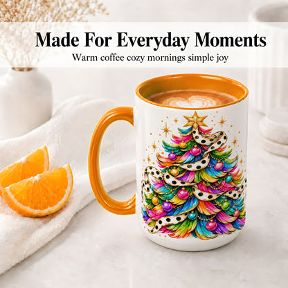 #pl[15oz|Orange] Colorful Christmas Tree Accent Mug, Ceramic Cup with Polka Dot Bow