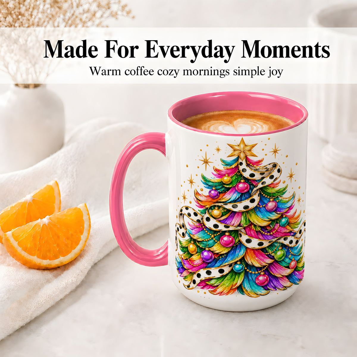 #pl[15oz|Pink] Colorful Christmas Tree Accent Mug, Ceramic Cup with Polka Dot Bow