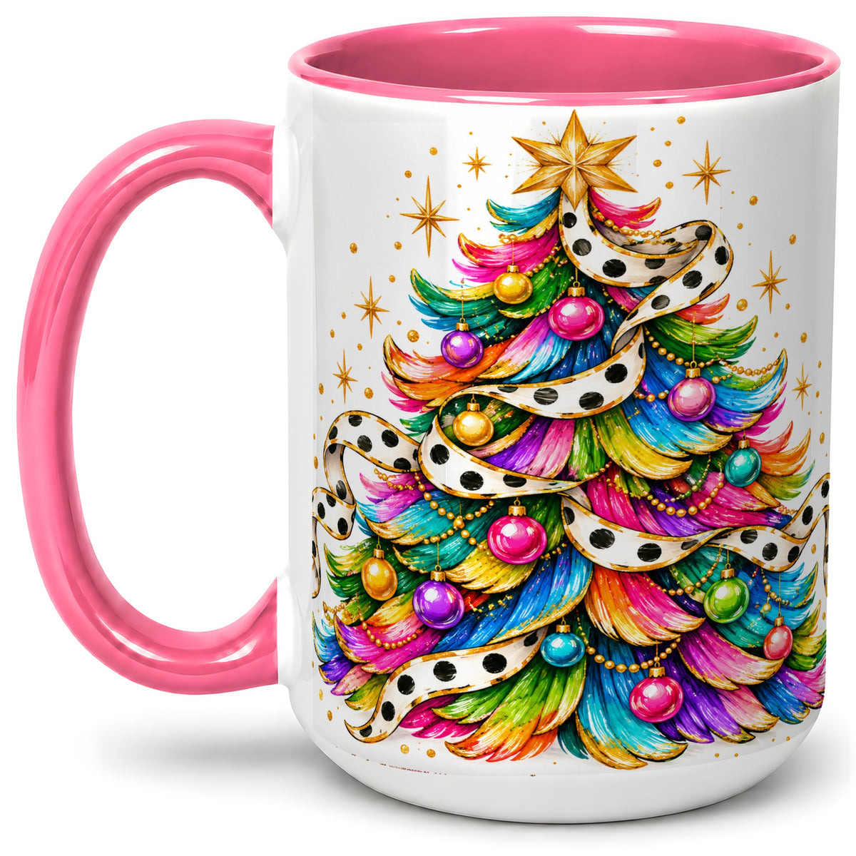 #pl[15oz|Pink] Colorful Christmas Tree Accent Mug, Ceramic Cup with Polka Dot Bow