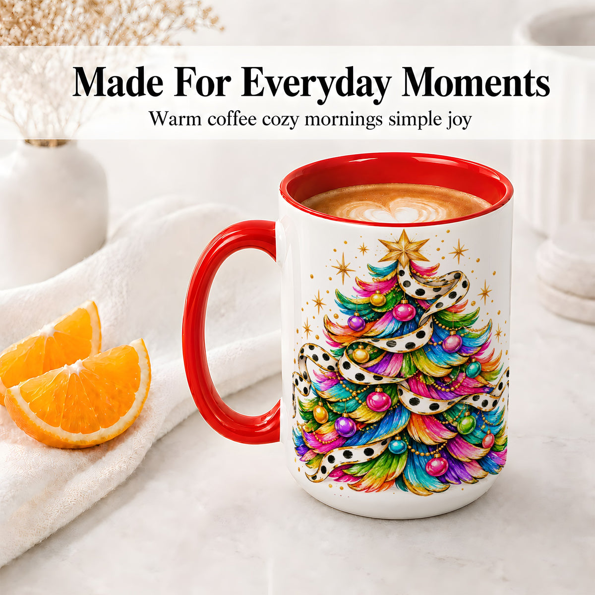 #pl[15oz|Red] Colorful Christmas Tree Accent Mug, Ceramic Cup with Polka Dot Bow