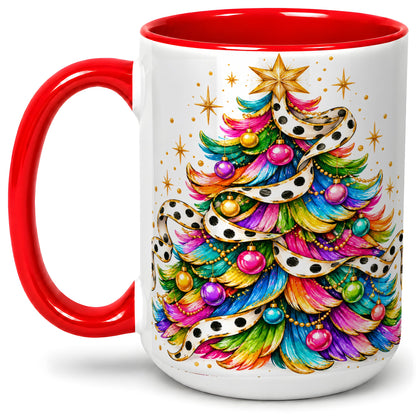#pl[15oz|Red] Colorful Christmas Tree Accent Mug, Ceramic Cup with Polka Dot Bow