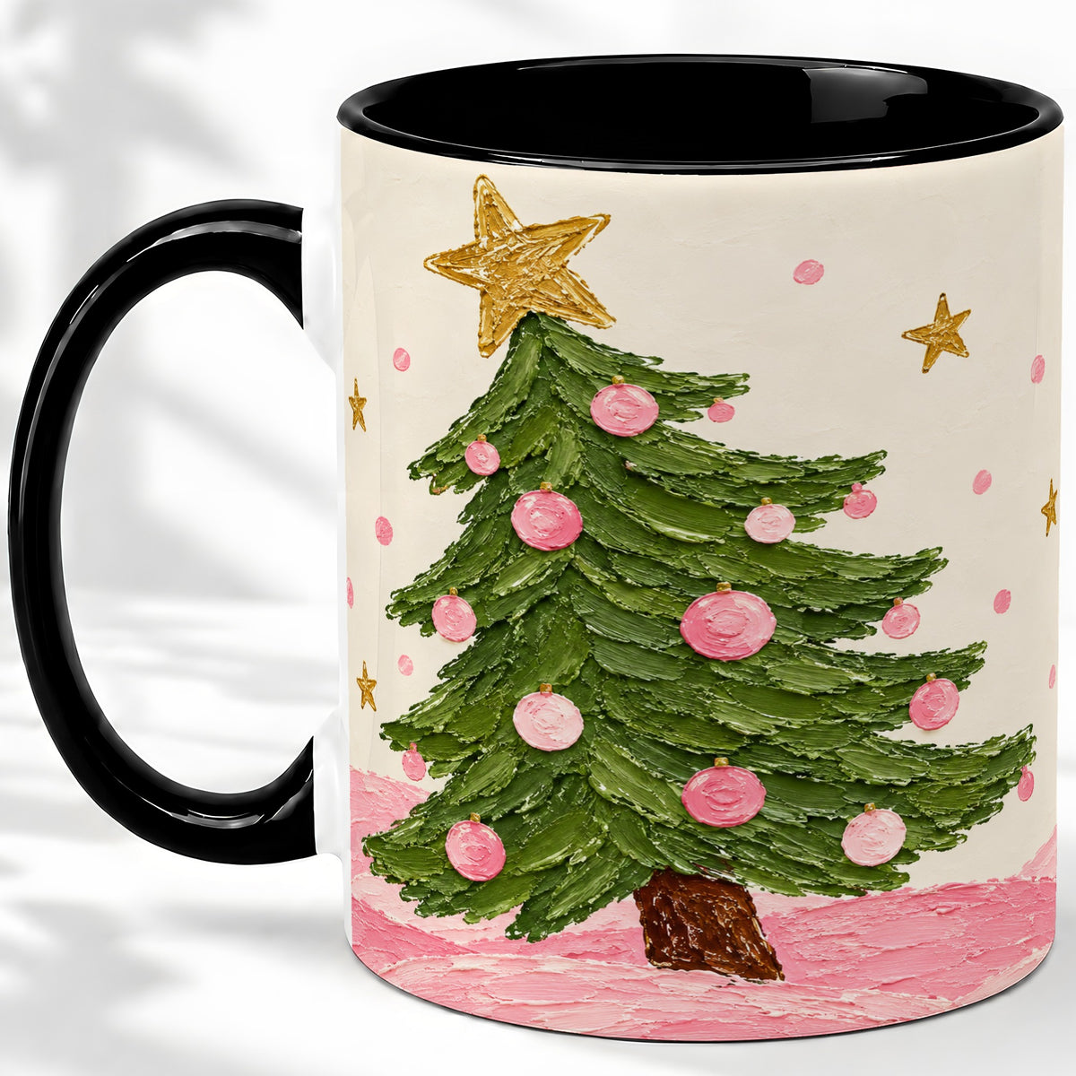 #pl[11oz|Black] Pink Christmas Tree Accent Mug, Ceramic Cup with Oil Paint Design