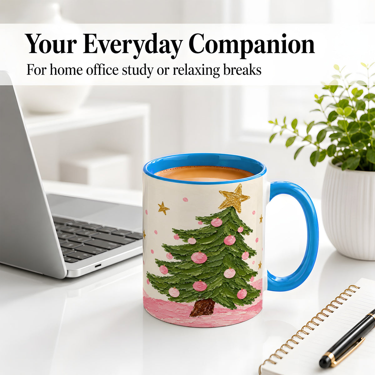 #pl[11oz|Blue] Pink Christmas Tree Accent Mug, Ceramic Cup with Oil Paint Design