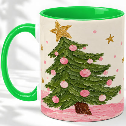 #pl[11oz|Green] Pink Christmas Tree Accent Mug, Ceramic Cup with Oil Paint Design