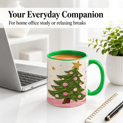 #pl[11oz|Green] Pink Christmas Tree Accent Mug, Ceramic Cup with Oil Paint Design