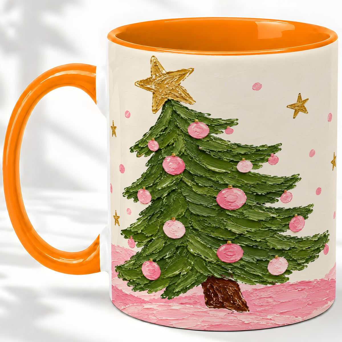 #pl[11oz|Orange] Pink Christmas Tree Accent Mug, Ceramic Cup with Oil Paint Design