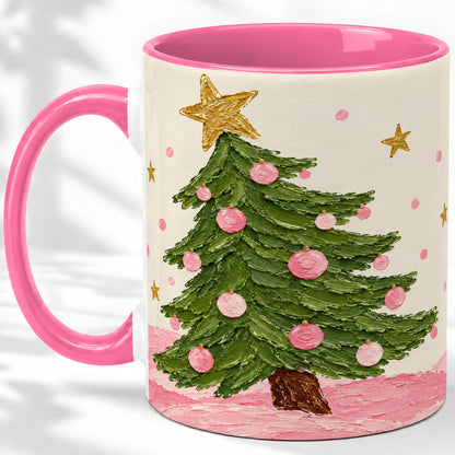 #pl[11oz|Pink] Pink Christmas Tree Accent Mug, Ceramic Cup with Oil Paint Design
