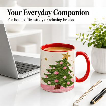 #pl[11oz|Red] Pink Christmas Tree Accent Mug, Ceramic Cup with Oil Paint Design