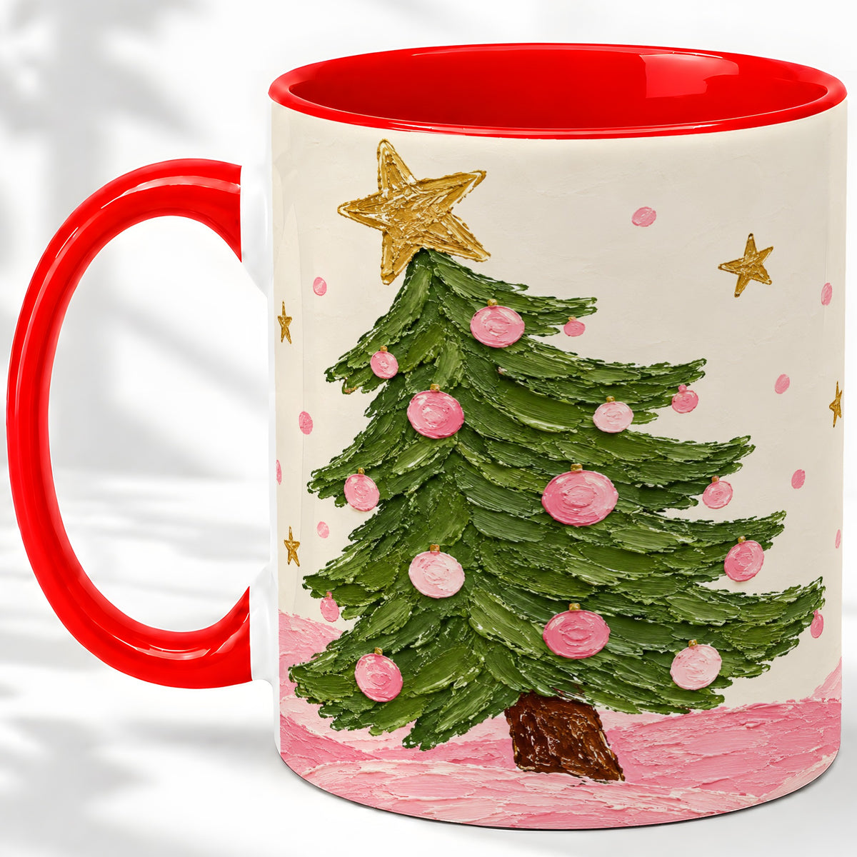 Pink Christmas Tree Accent Mug, Ceramic Cup with Oil Paint Design