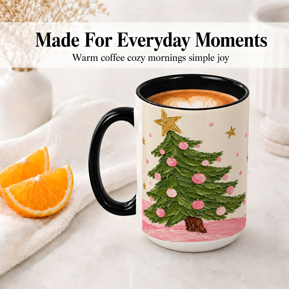 #pl[15oz|Black] Pink Christmas Tree Accent Mug, Ceramic Cup with Oil Paint Design