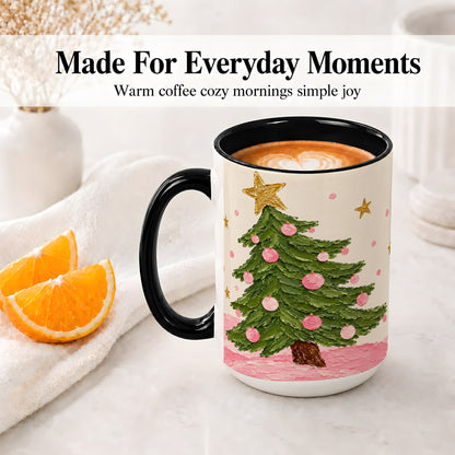 #pl[15oz|Black] Pink Christmas Tree Accent Mug, Ceramic Cup with Oil Paint Design
