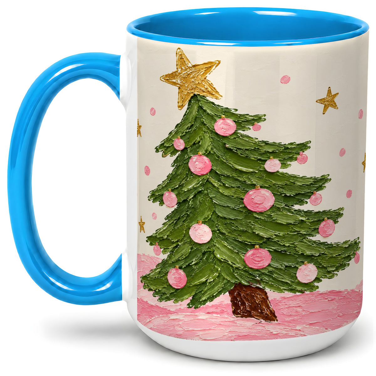 #pl[15oz|Blue] Pink Christmas Tree Accent Mug, Ceramic Cup with Oil Paint Design