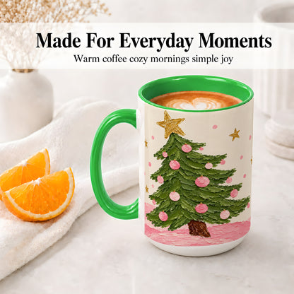 #pl[15oz|Green] Pink Christmas Tree Accent Mug, Ceramic Cup with Oil Paint Design