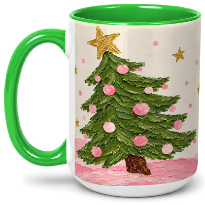#pl[15oz|Green] Pink Christmas Tree Accent Mug, Ceramic Cup with Oil Paint Design