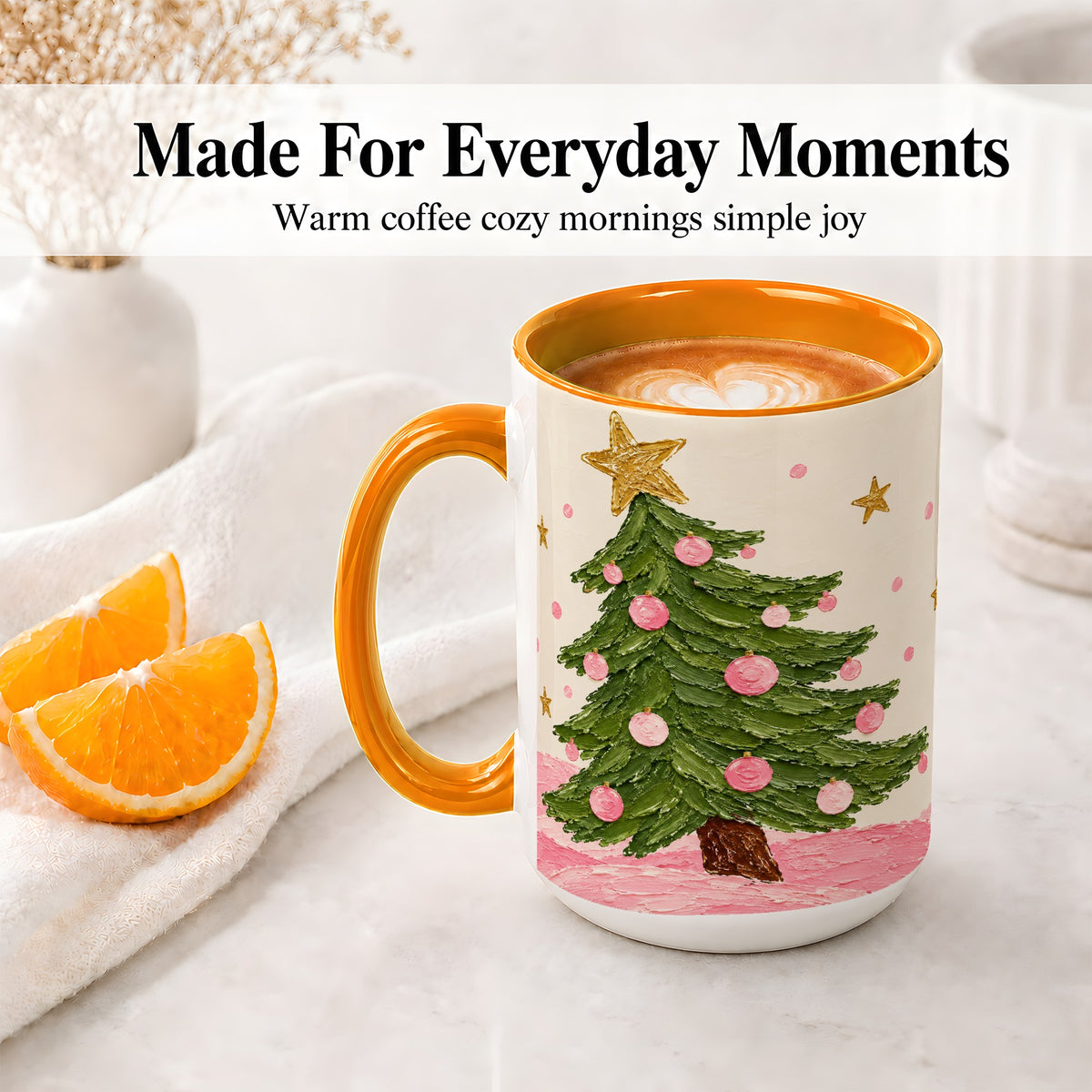 #pl[15oz|Orange] Pink Christmas Tree Accent Mug, Ceramic Cup with Oil Paint Design