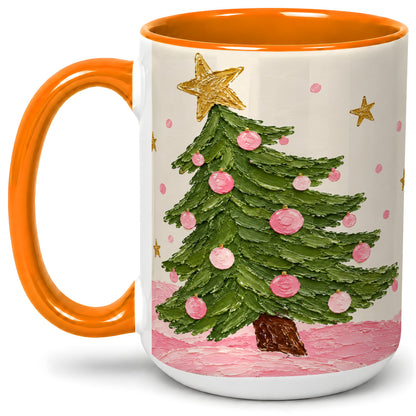 #pl[15oz|Orange] Pink Christmas Tree Accent Mug, Ceramic Cup with Oil Paint Design