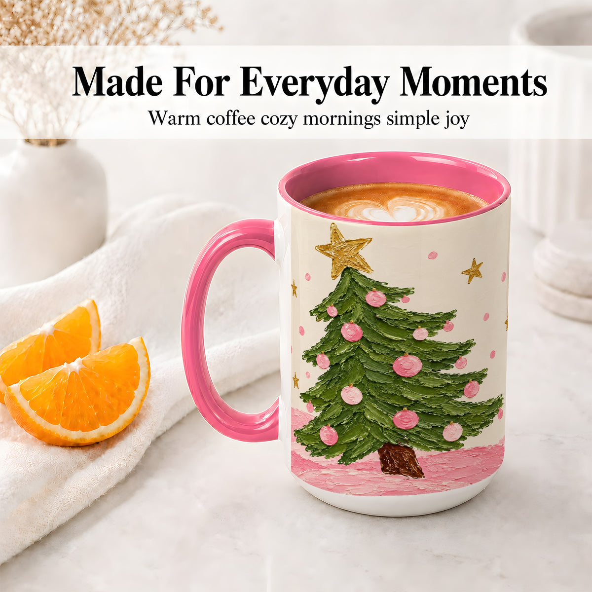 #pl[15oz|Pink] Pink Christmas Tree Accent Mug, Ceramic Cup with Oil Paint Design